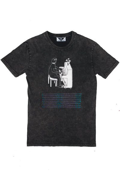 Kingdom of Klah Handprinted Mens Stonewash Grey Tee.jpg Screenprinted New Zealand Artist Tee Piano Music